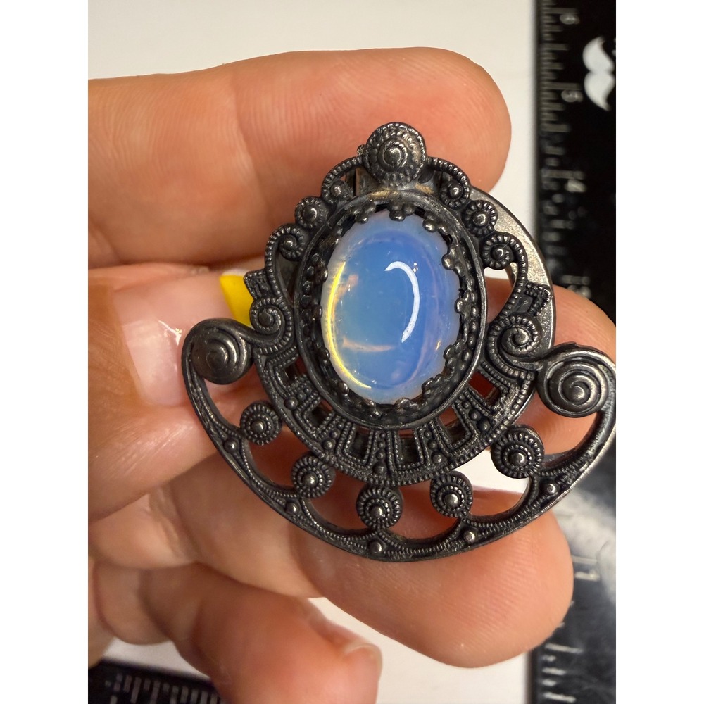Sasa Scarf Clip Faux Opal Iridescent Cabochon Antiqued Silver Tone Filigree